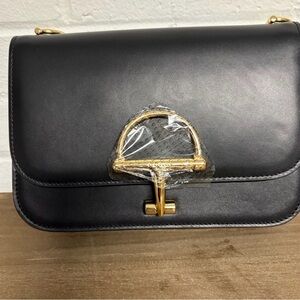 Black Leather Shoulder Bag with Gold Hardware